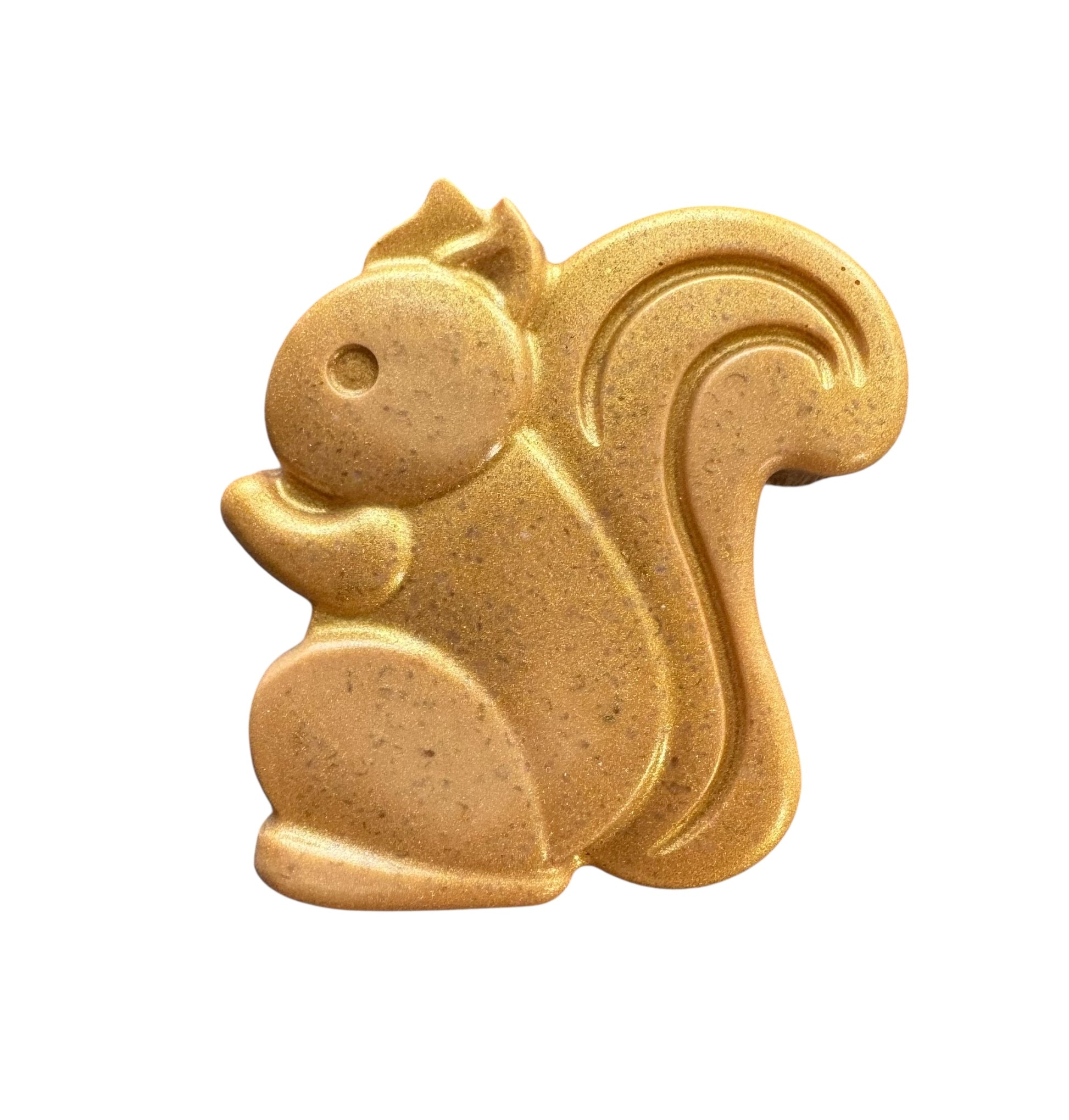 Gold squirrel-shaped cookie cutter on a white background