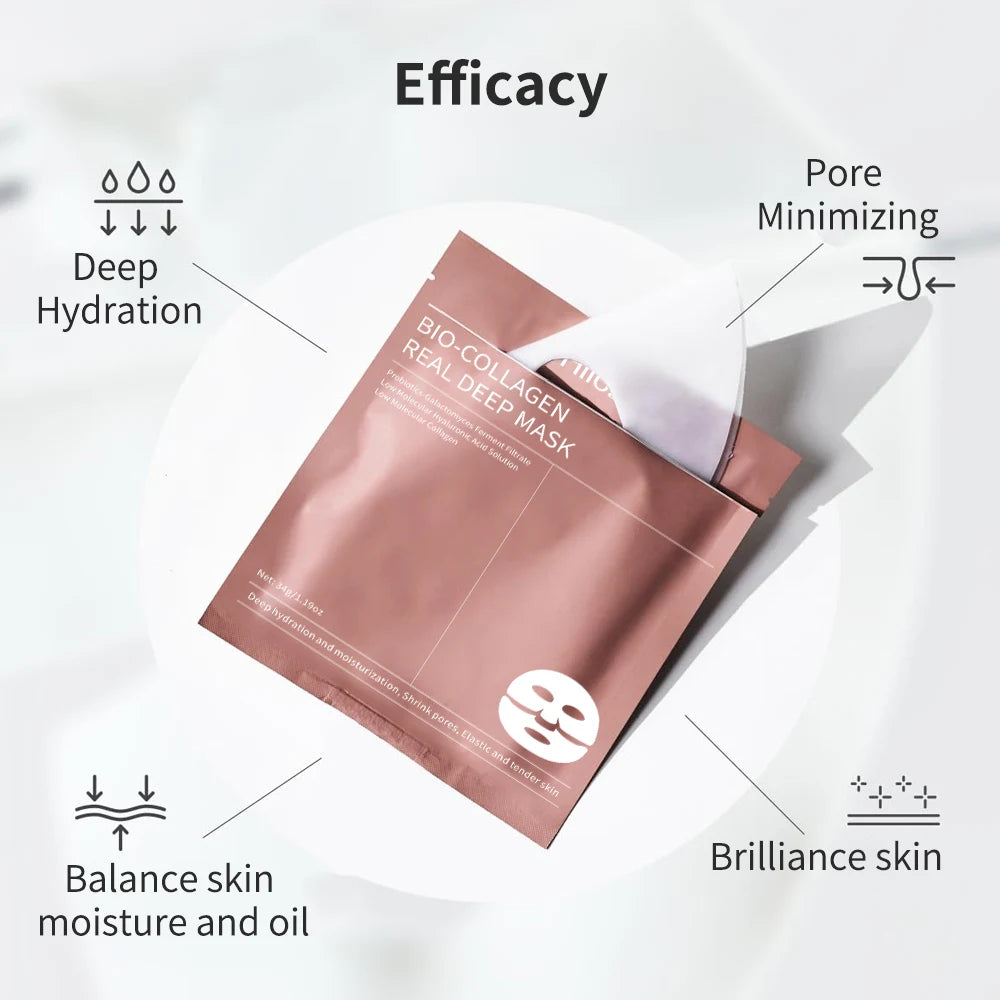 Bio-Collagen Real Deep Mask packaging with efficacy benefits on a light gray background