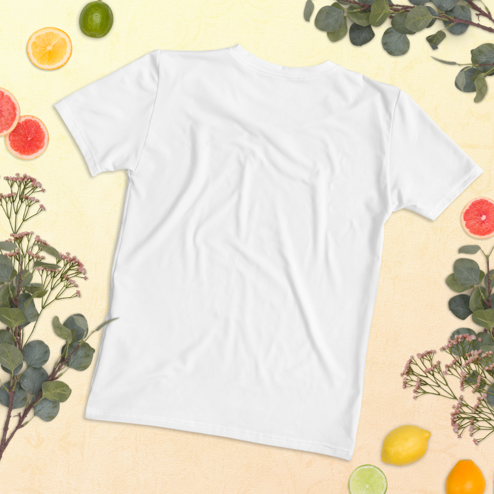 White t-shirt on a yellow background with fruits and plants