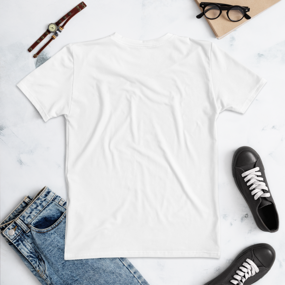 White t-shirt with jeans, black sneakers, and a watch on a light surface