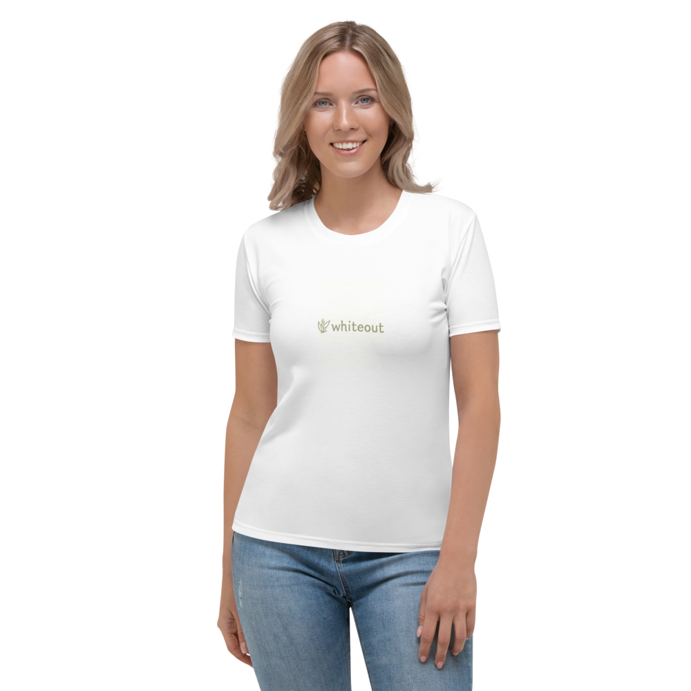 Woman wearing a white t-shirt with a logo on a white background