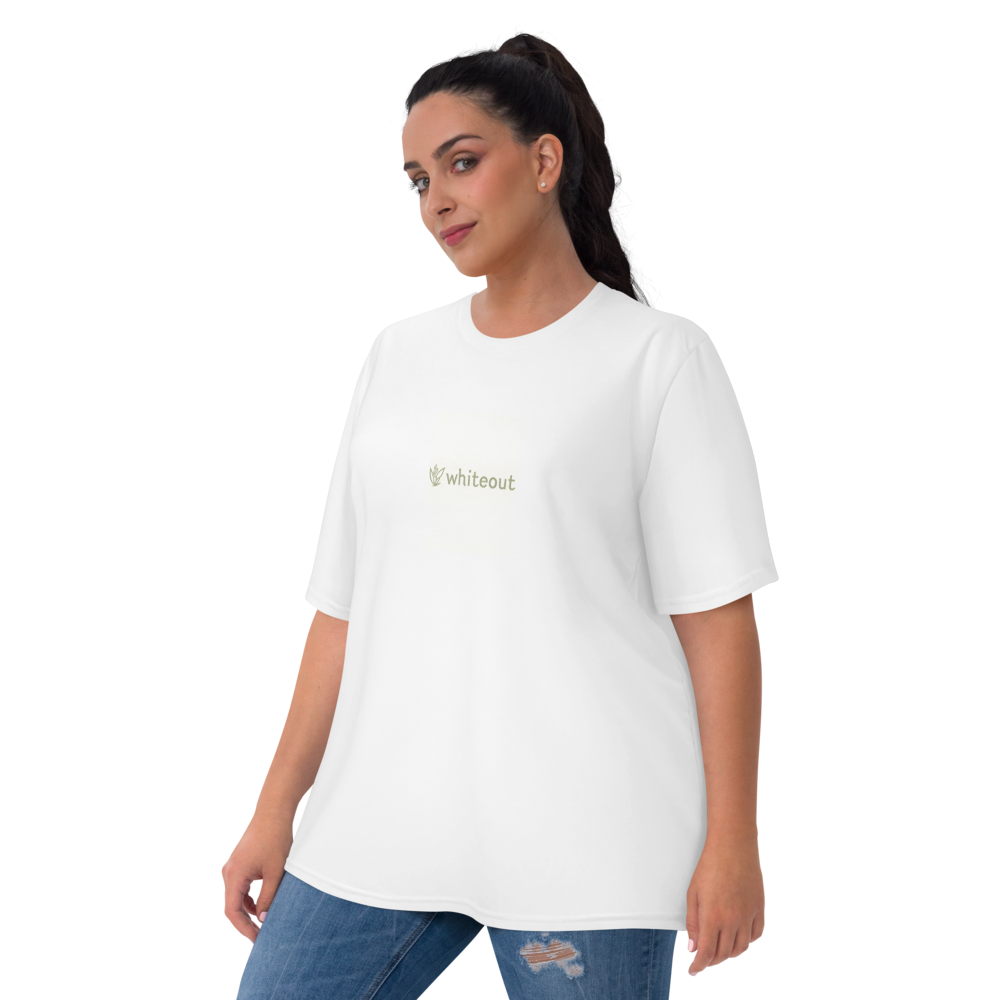 Woman wearing a white t-shirt with a logo on a white background
