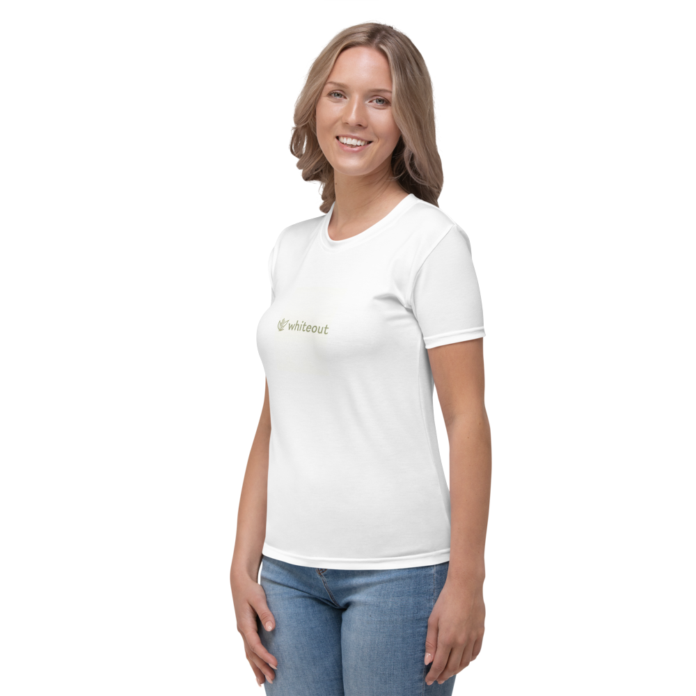 Woman wearing a white t-shirt with a logo on a white background