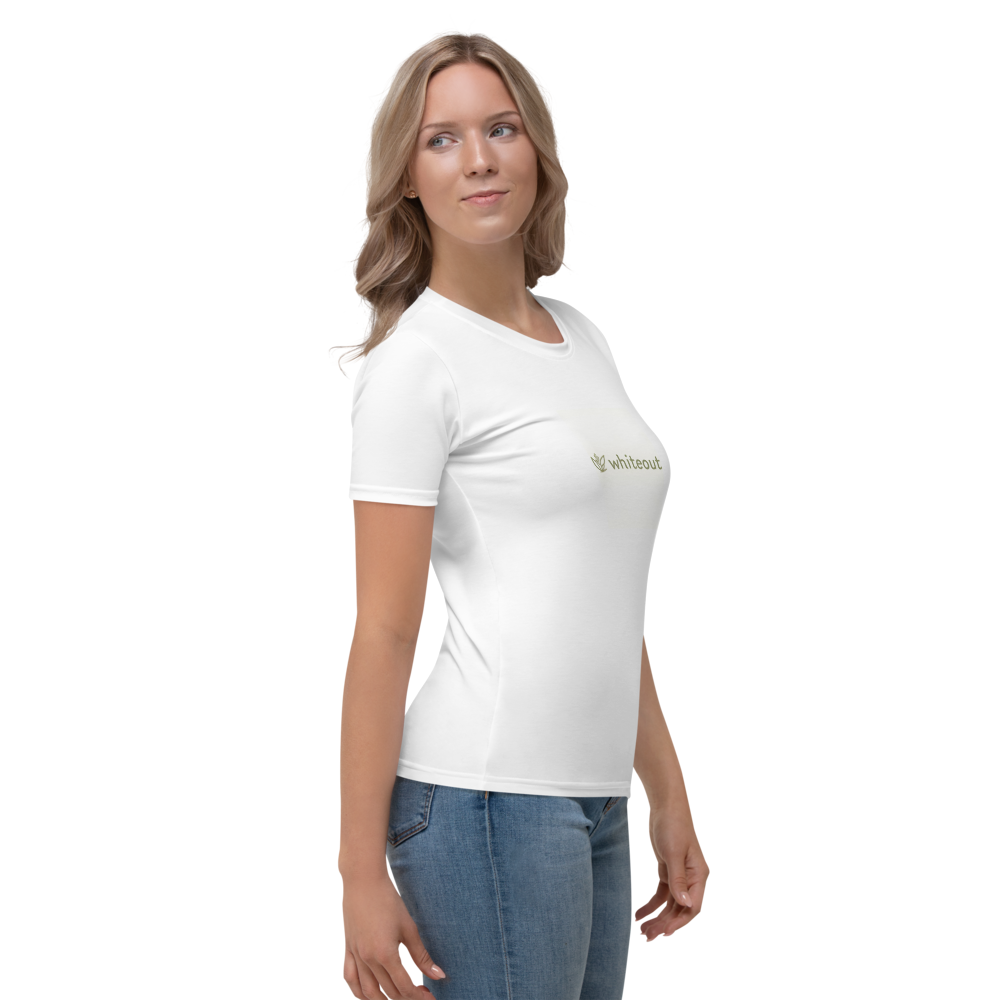 Woman wearing a white t-shirt with a logo on a white background