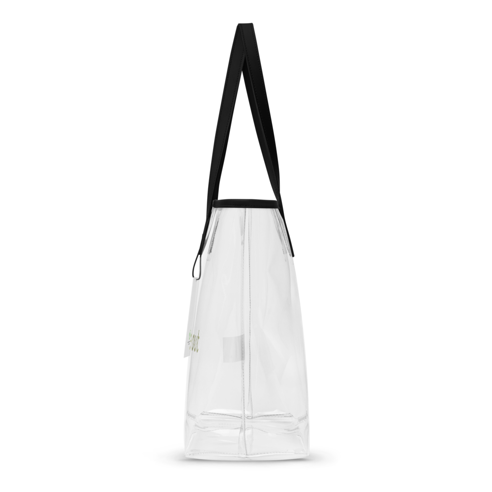 Clear tote bag with black straps on a white background