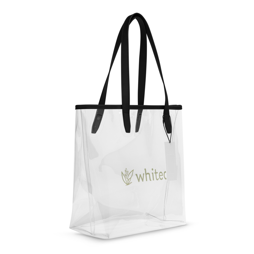 Clear tote bag with black handles and 'whitec' logo on a white background