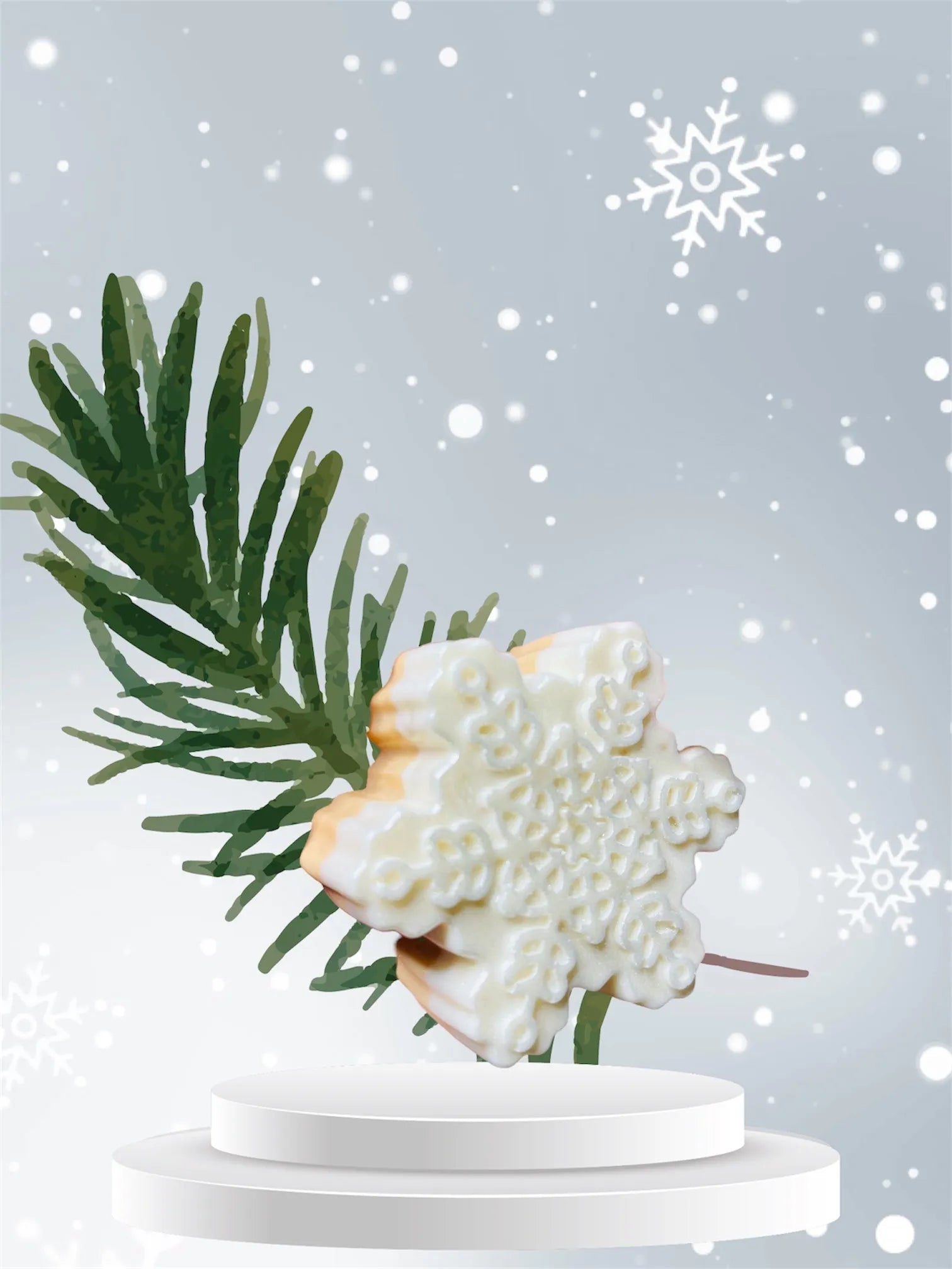 Decorative snowflake cookie with green leaf on a white pedestal against a snowy background