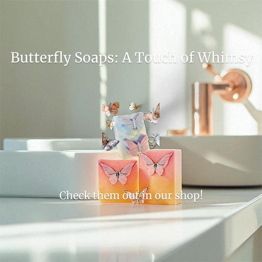 Butterfly-themed soaps on a bathroom counter with promotional text.