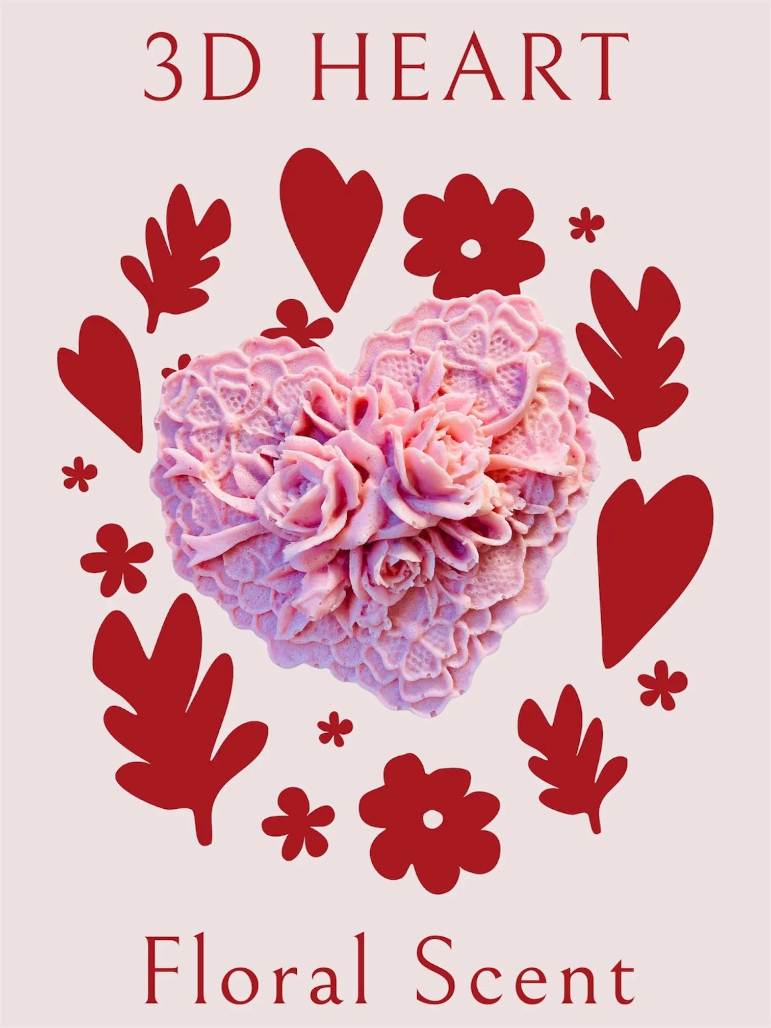 3D heart with floral design and red accents on a light pink background