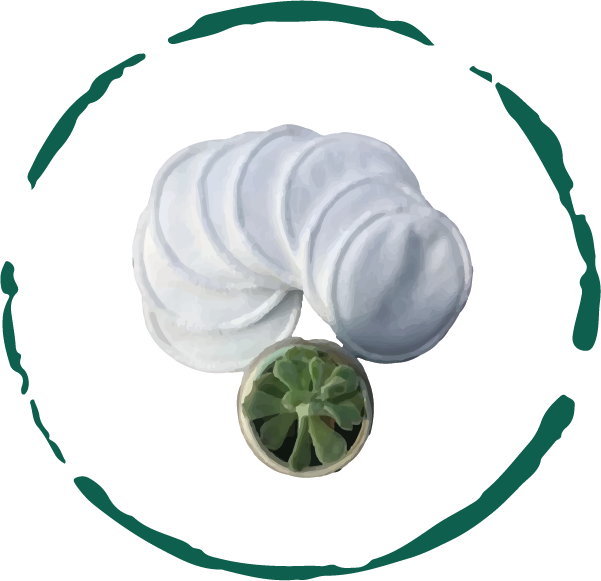 White cotton pads with a green leaf design on a white background