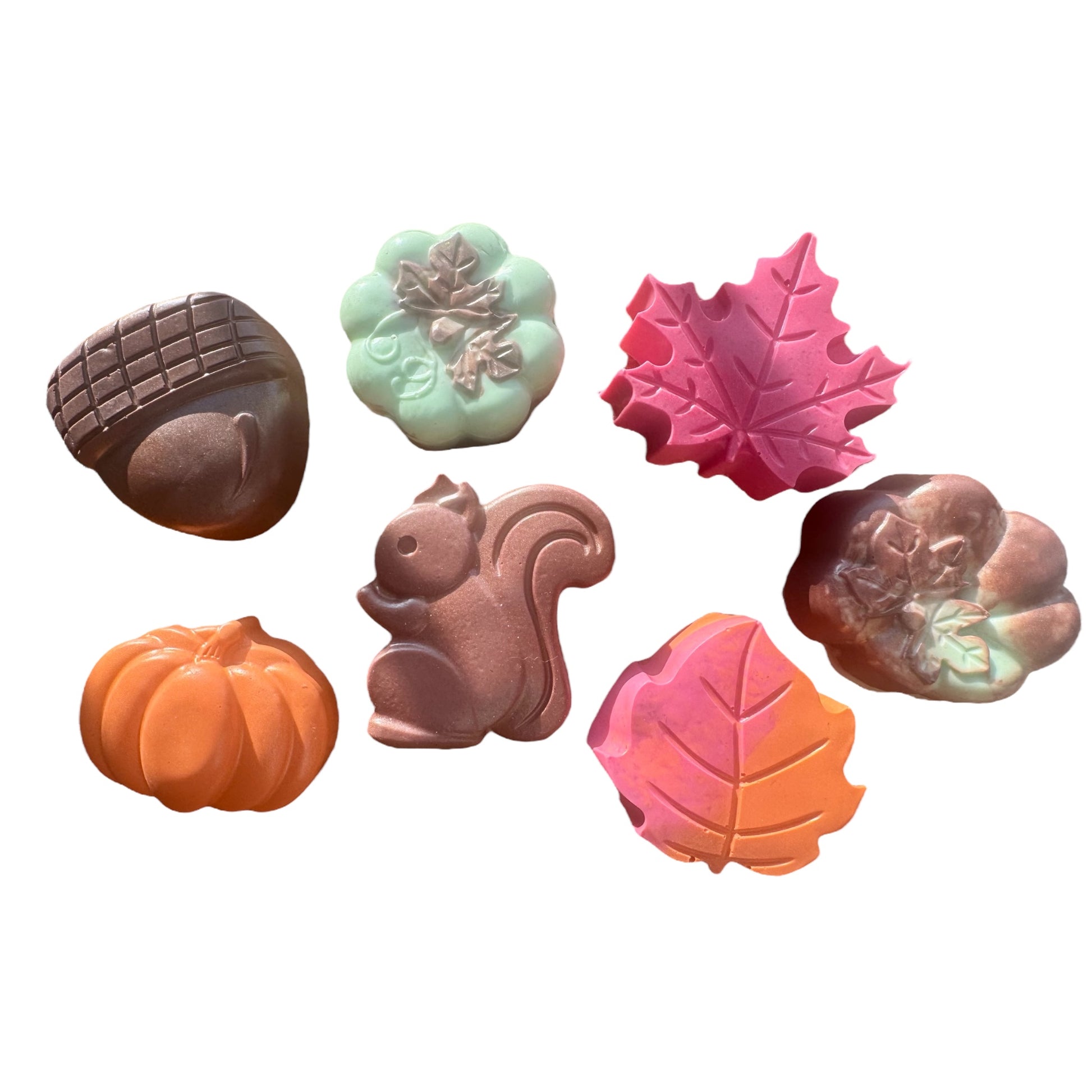 Set of colorful chocolate candies shaped like acorn, leaf, pumpkin, and squirrel on a white background