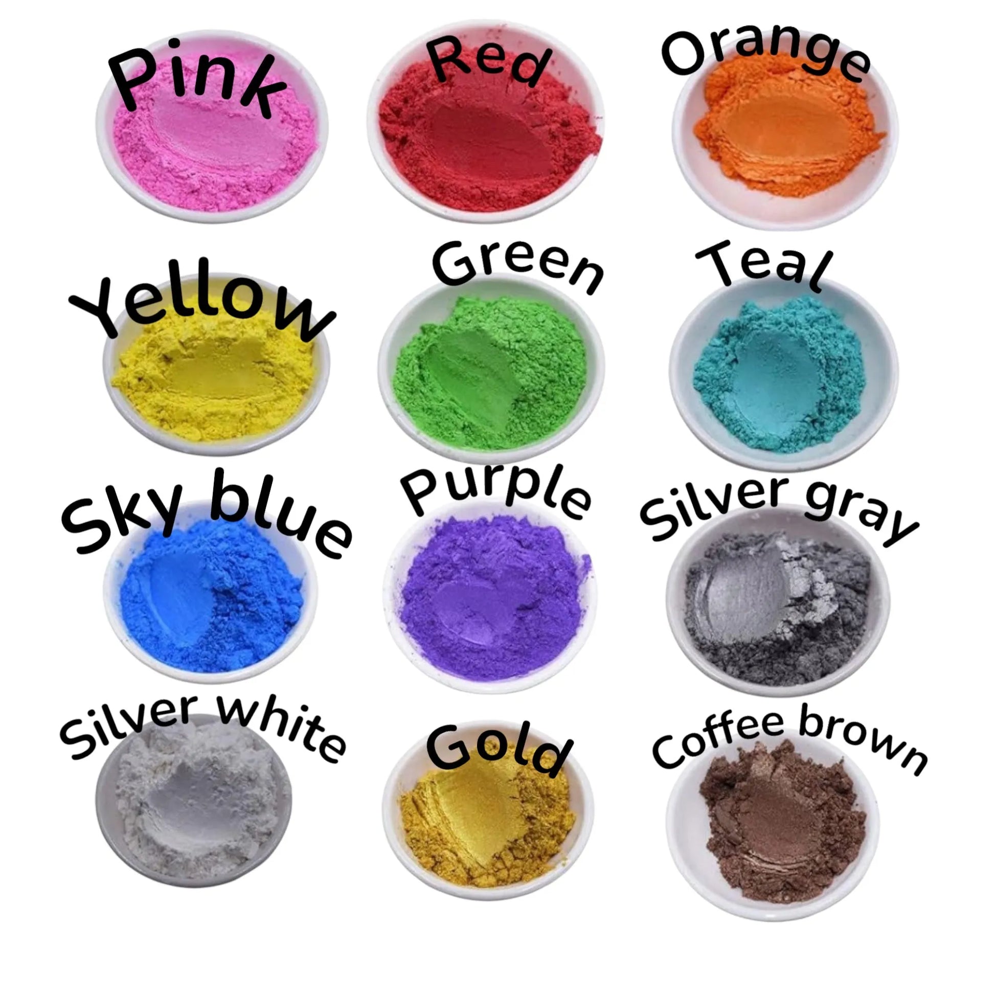 Assorted colored powders in small bowls with labels on a white background