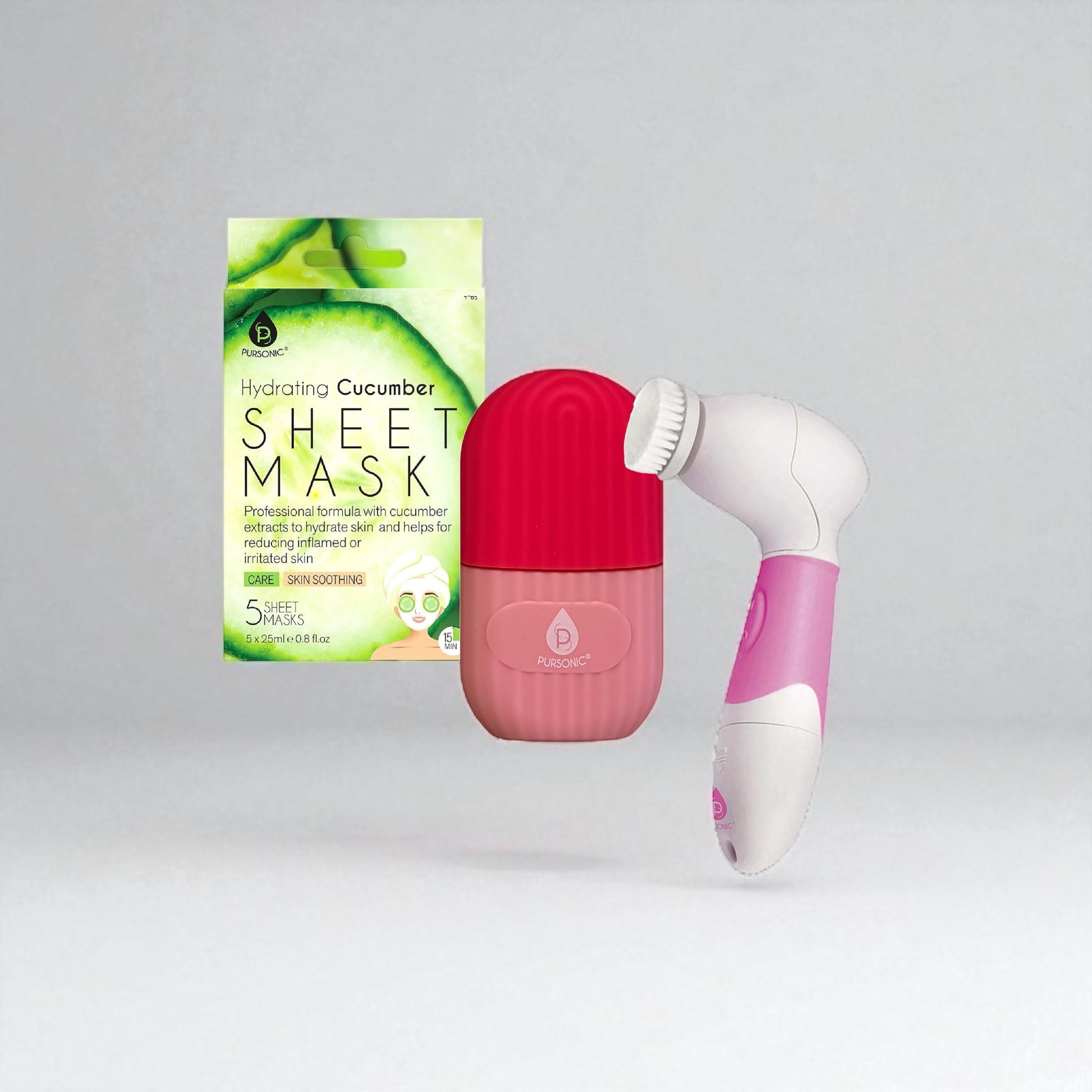 Pink and white skin care device with a cucumber sheet mask on a gray background