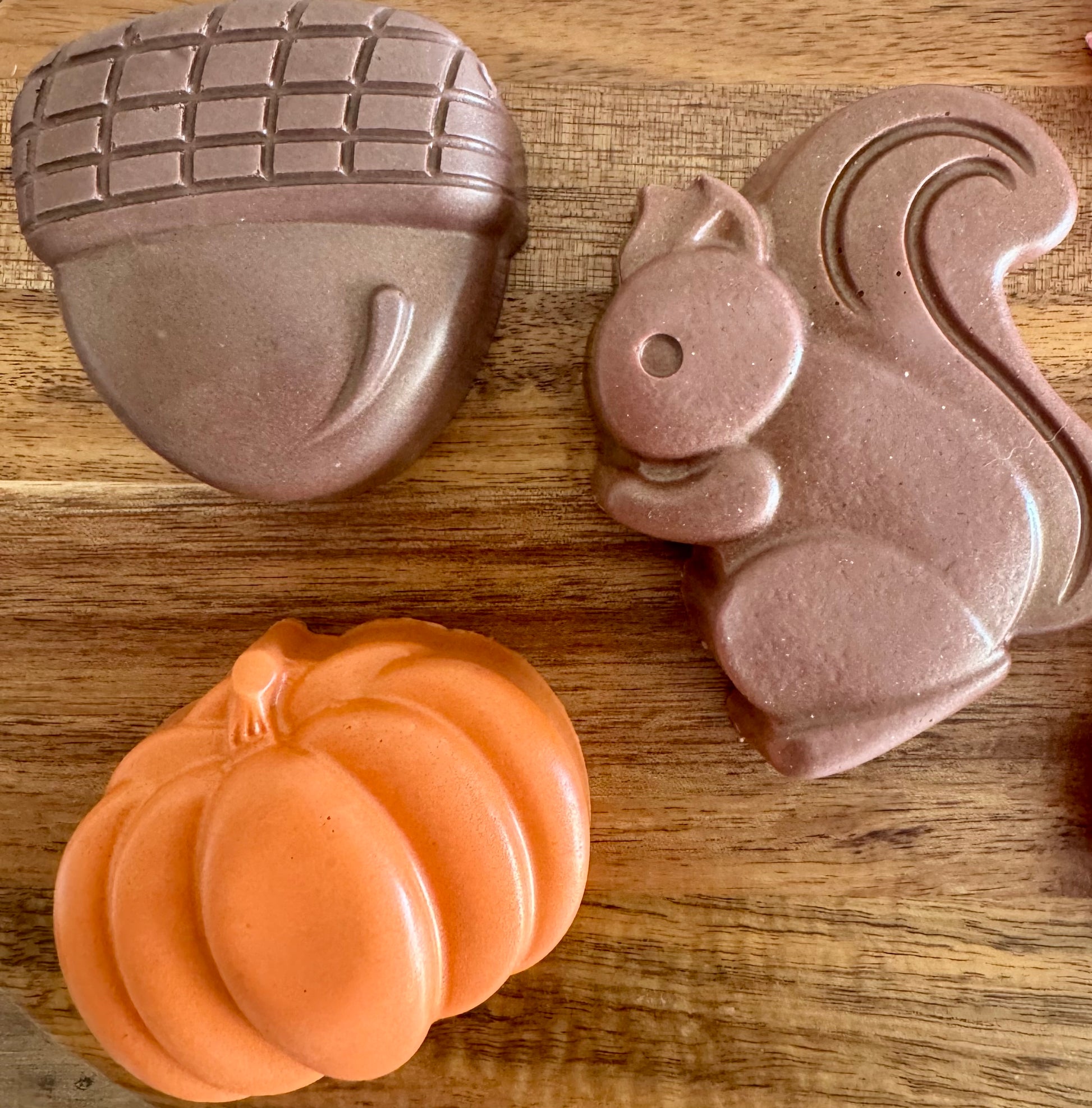 Three cookie cutters shaped like an acorn, a squirrel, and a pumpkin on a wooden surface.