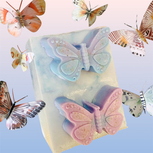 Butterfly-shaped silicone mold on a soap block with butterflies around