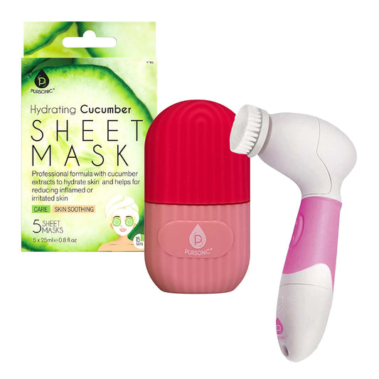 Pink and white skincare device with cucumber sheet mask packaging on a white background