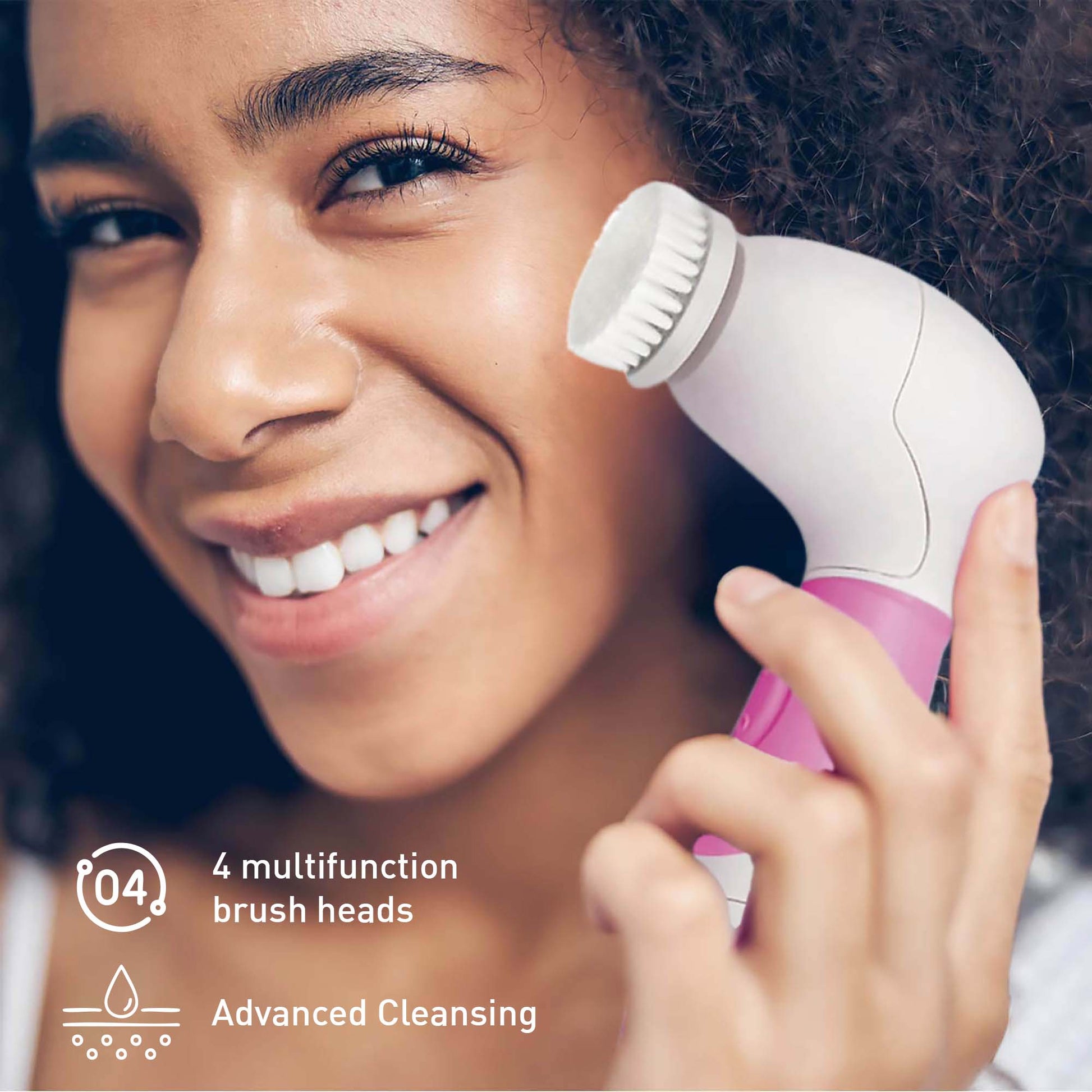 Woman using a skincare device on her face with product details displayed.