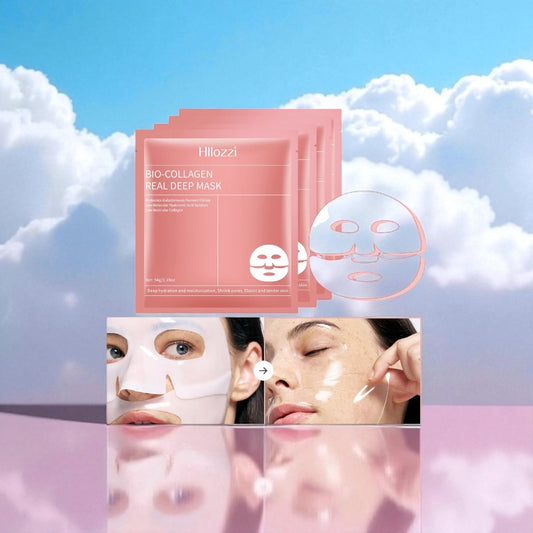 Filozzi Bio-Collagen Real Deep Mask packaging with a woman applying the mask against a blue sky background.