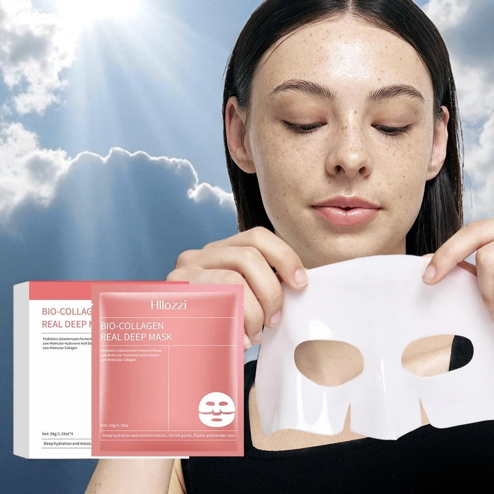 Woman holding a skincare mask with Hilozzi packaging against a cloudy sky background