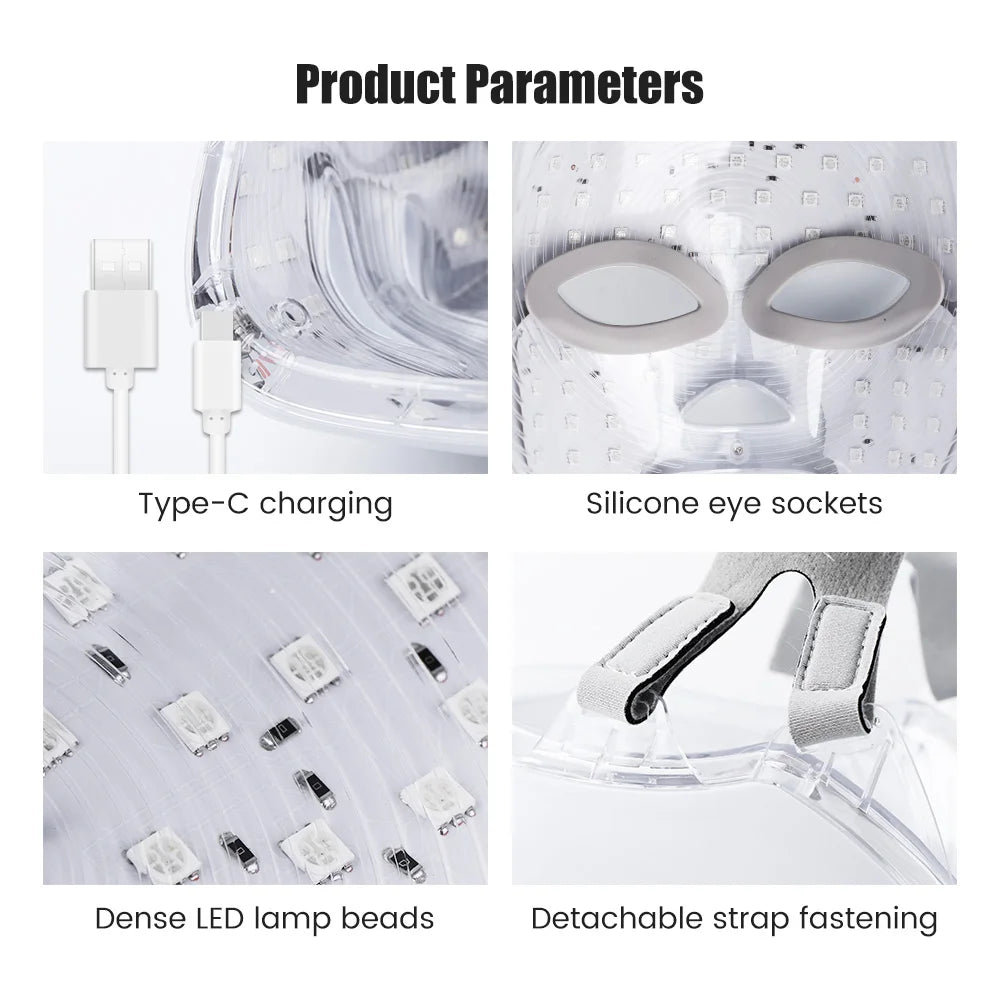 Product parameters of a device with charging cable, silicone eye sockets, LED lamp beads, and strap fastening.