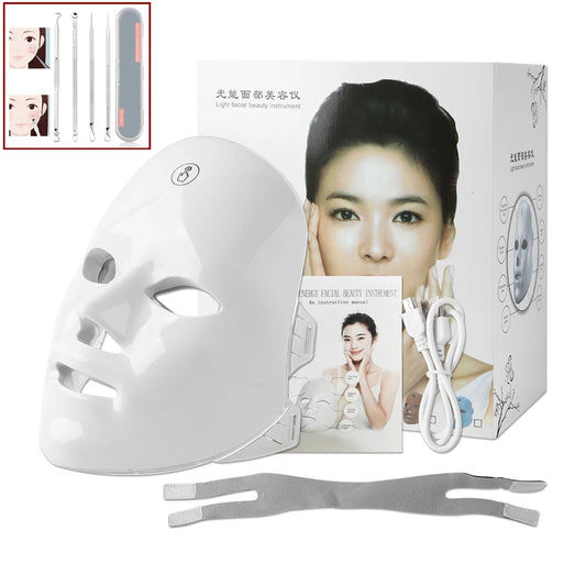 White facial mask device with packaging, cable, and tweezers on a white background