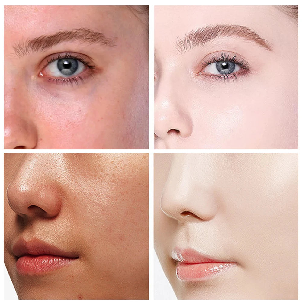 Close-up of a person's face with different facial features displayed.
