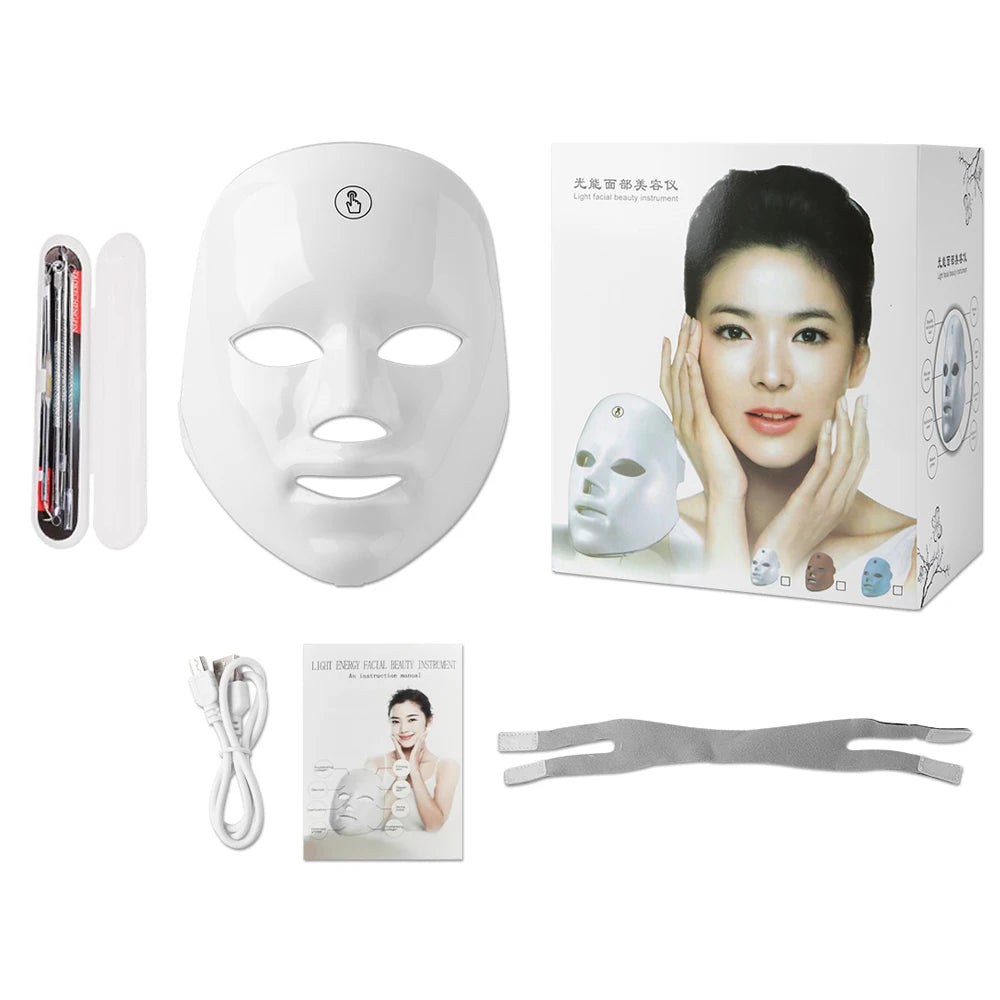 White LED face mask with packaging, cable, and tools on a white background