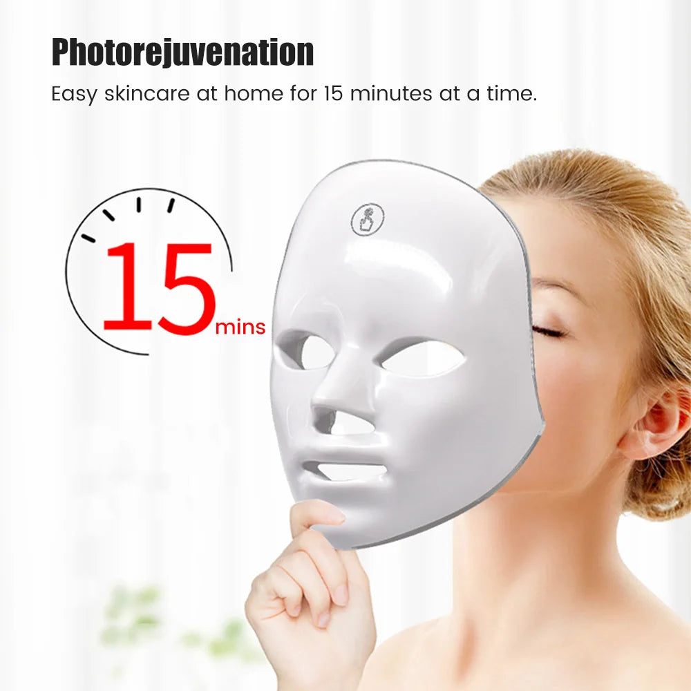 Woman holding a LED face mask with text about photorejuvenation and ease of use.