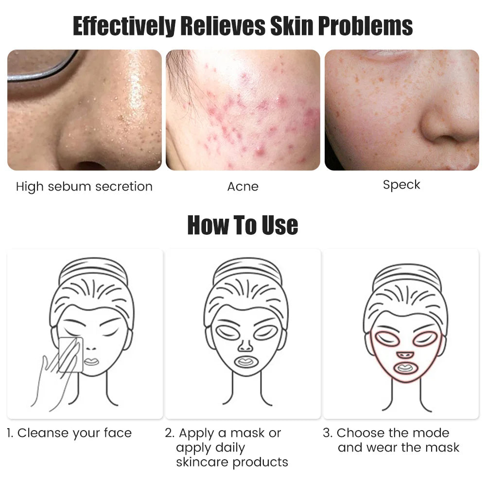 Product advertisement showing skin issues and usage instructions.