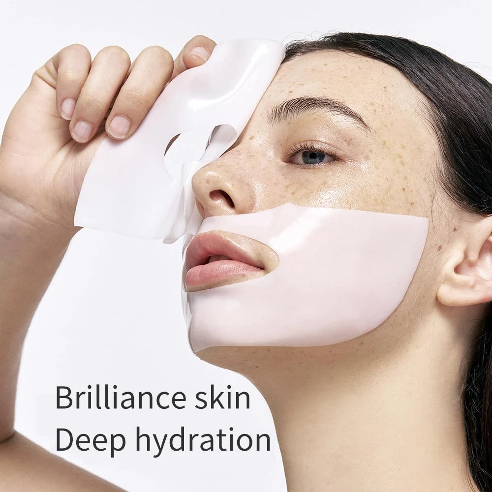 Woman applying a face mask with text 'Brilliance skin Deep hydration' on a white background