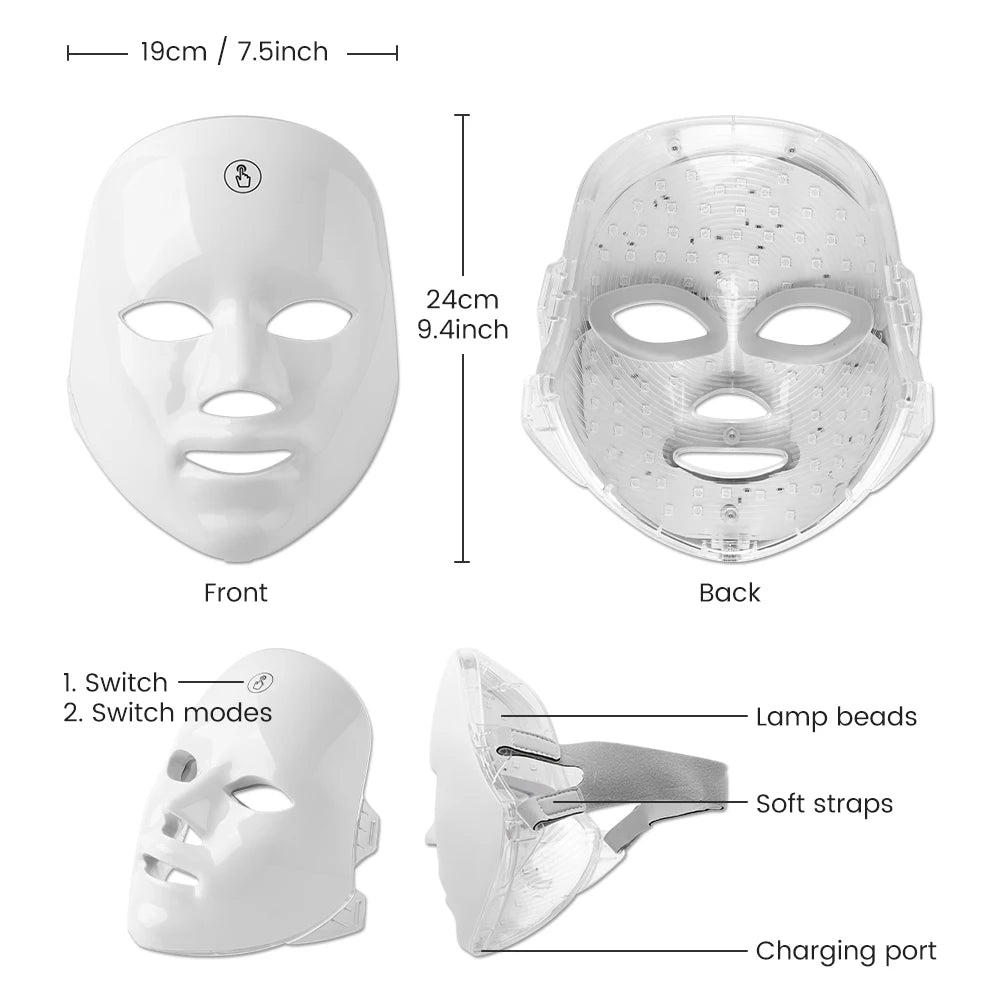 White facial mask with labeled parts and dimensions on a white background