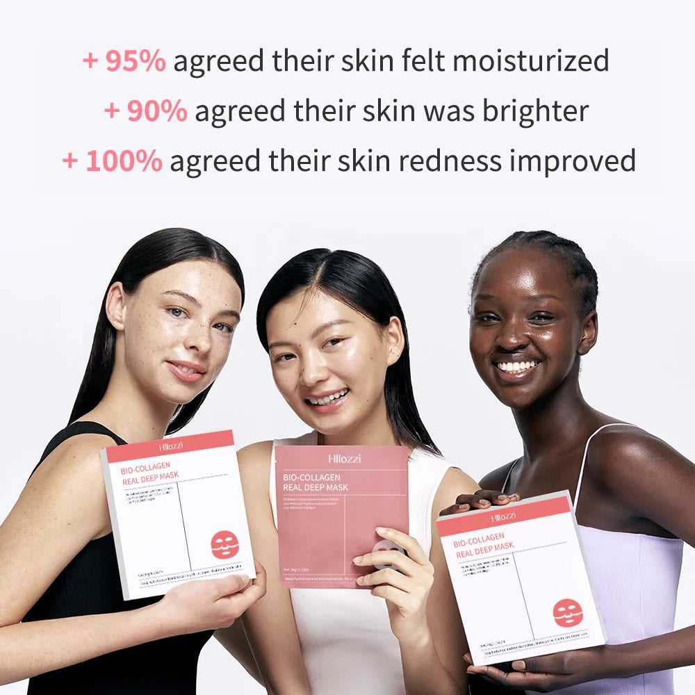 Three women holding Hlobel Bio-Collagen Real Deep Mask with text on skin benefits.