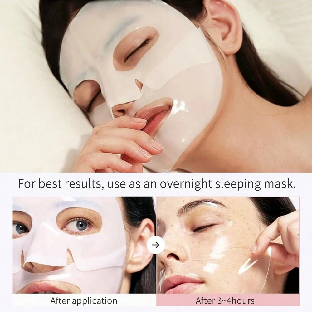 Woman applying a facial mask with text indicating use as an overnight sleeping mask.