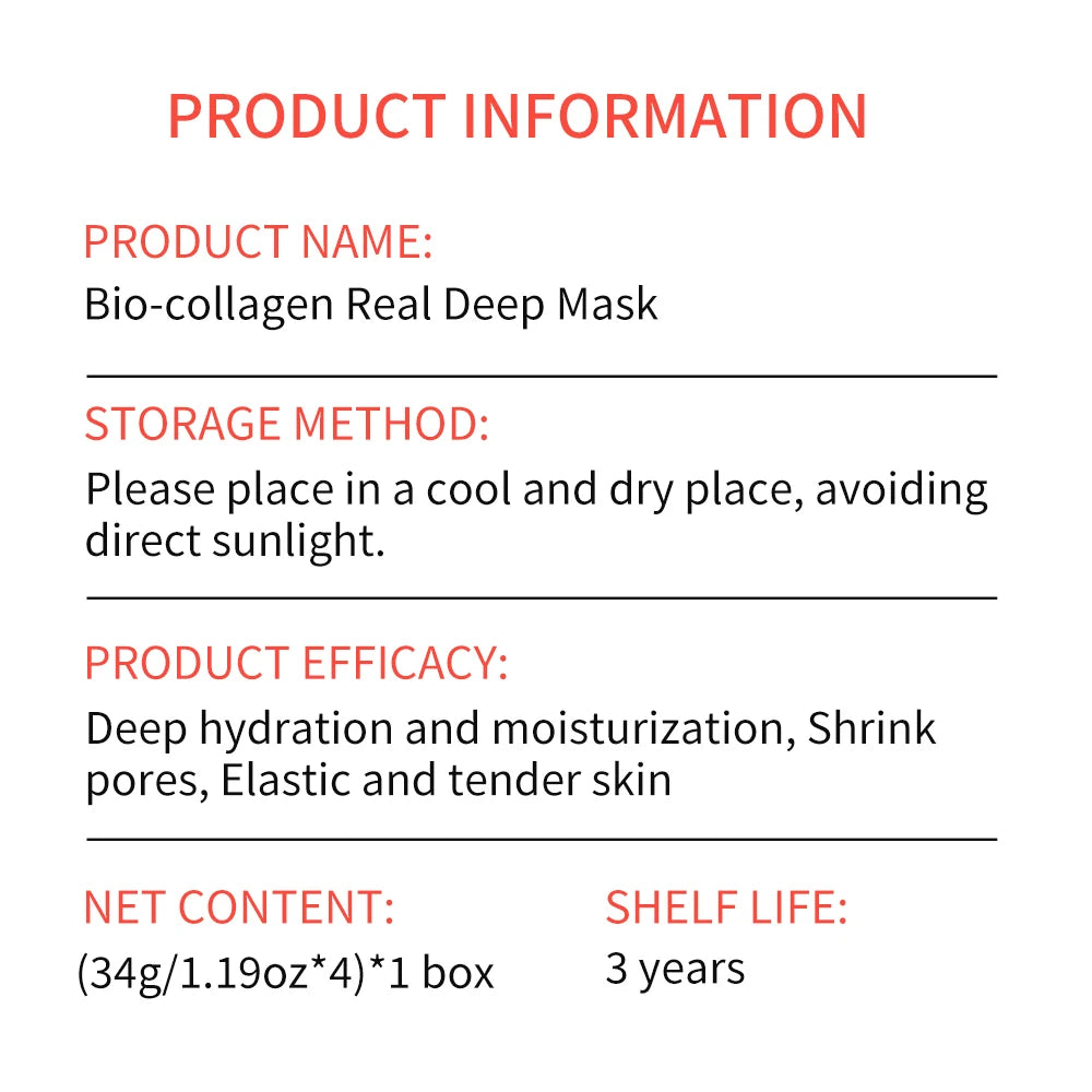 Product information card for Bio-collagen Real Deep Mask with text details.