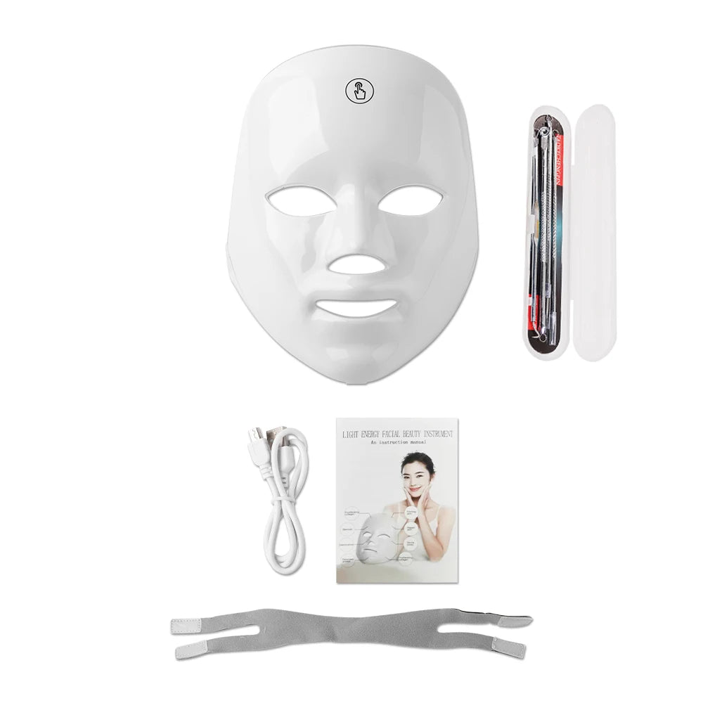White LED face mask with accessories on a white background