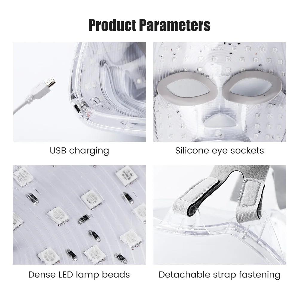Product parameters of a device with USB charging, silicone eye sockets, dense LED lamp beads, and detachable strap fastening.