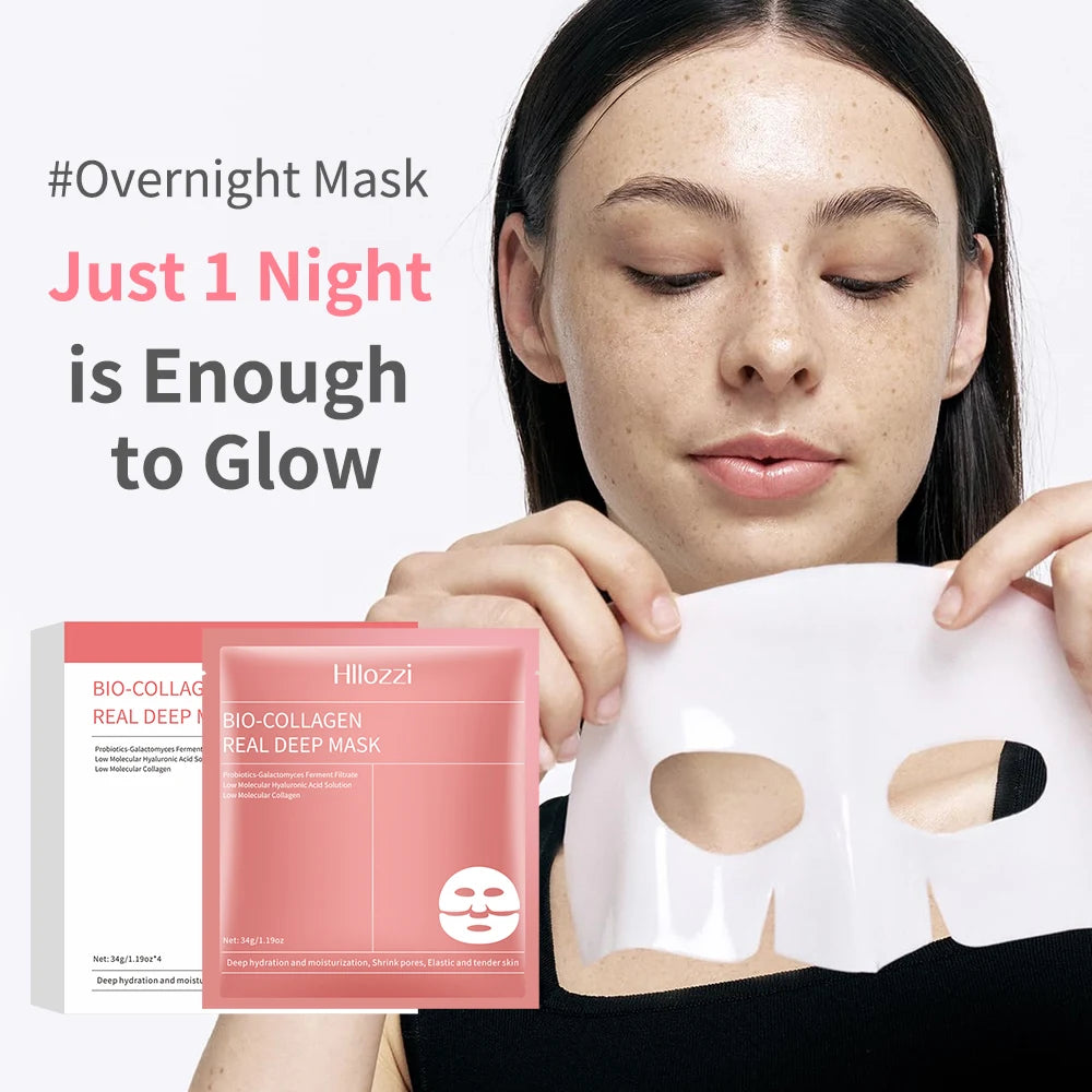 Woman holding a Hilozzi overnight face mask with text 'Just 1 Night is Enough to Glow'.