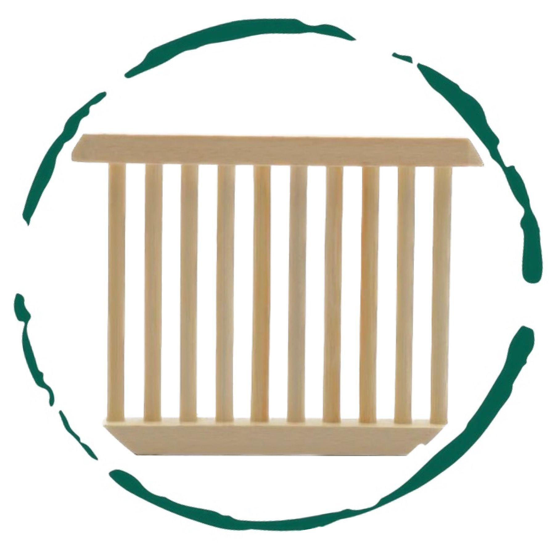 Wooden crib with a green circular border on a white background