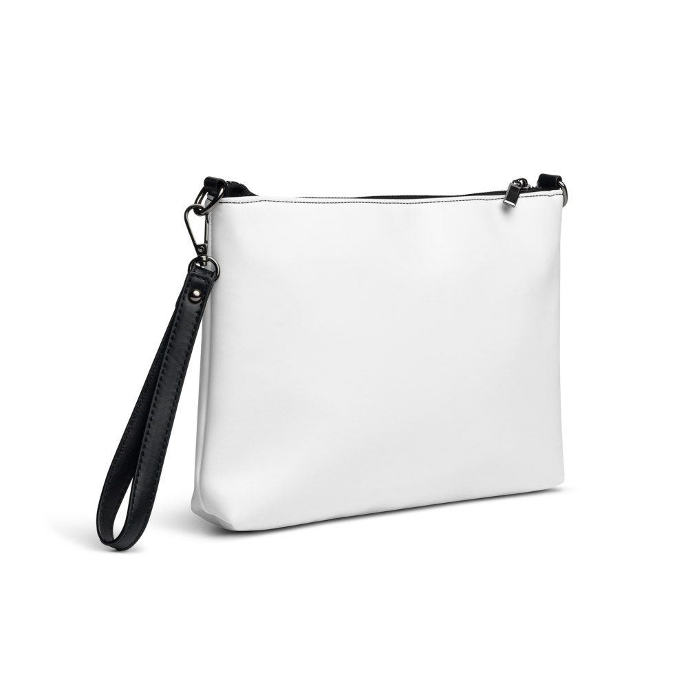 White handbag with a black strap on a white background