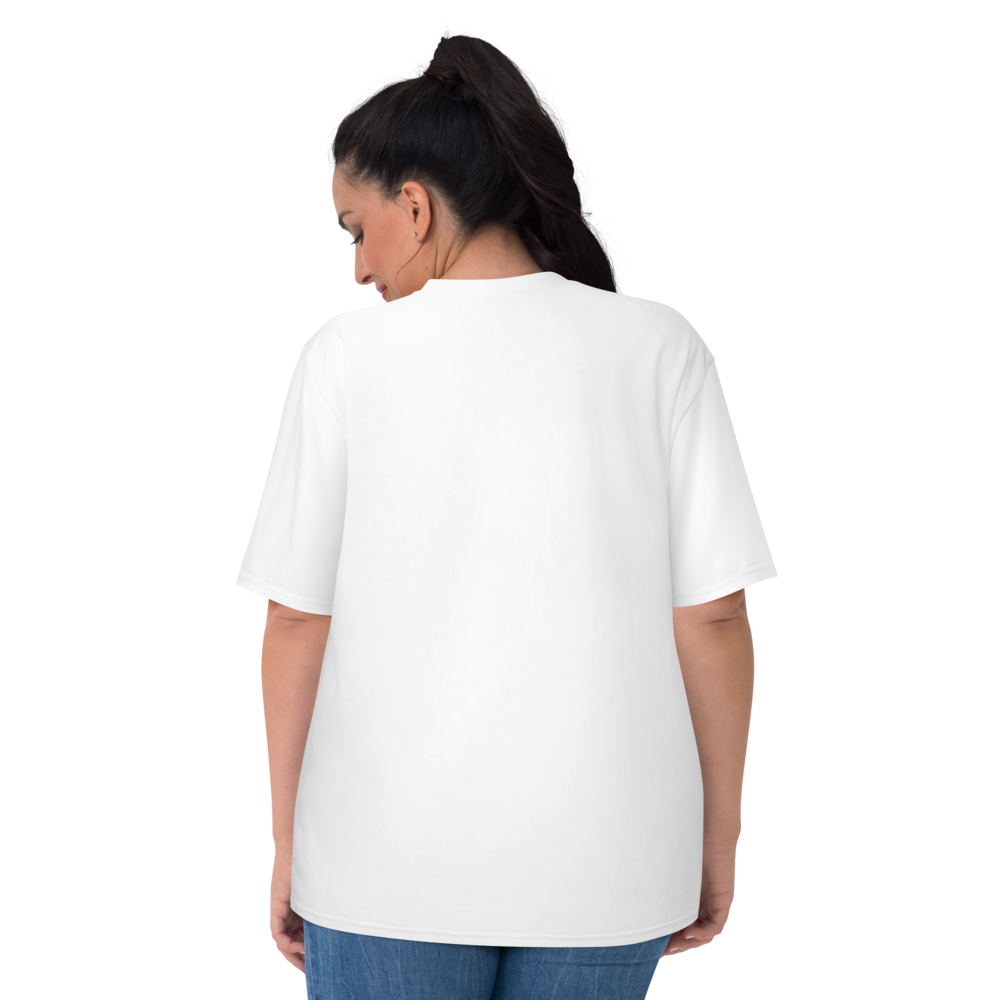 Woman wearing a white t-shirt on a white background