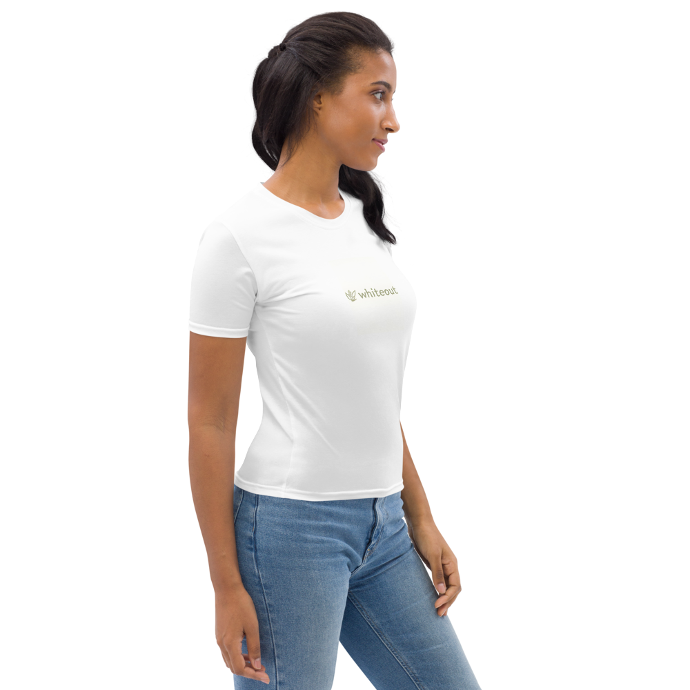 Woman wearing a white t-shirt with a logo on a white background