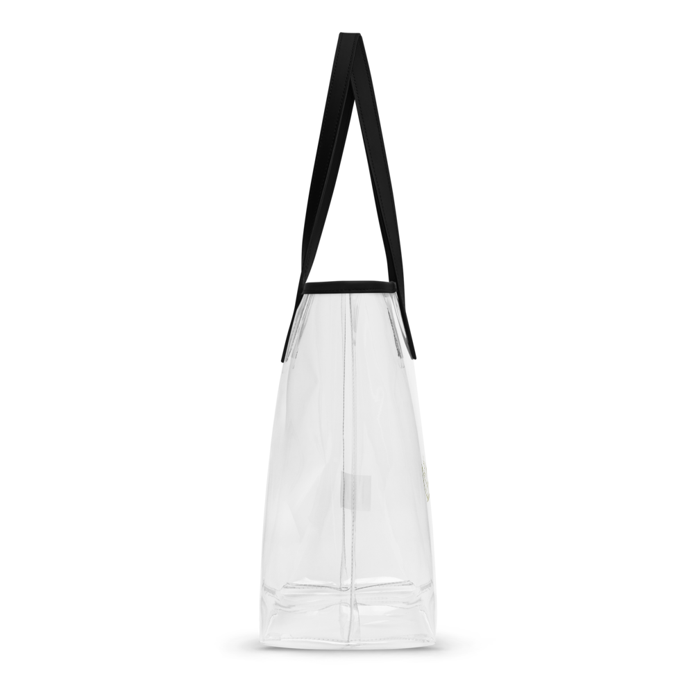 Clear tote bag with black straps on a white background