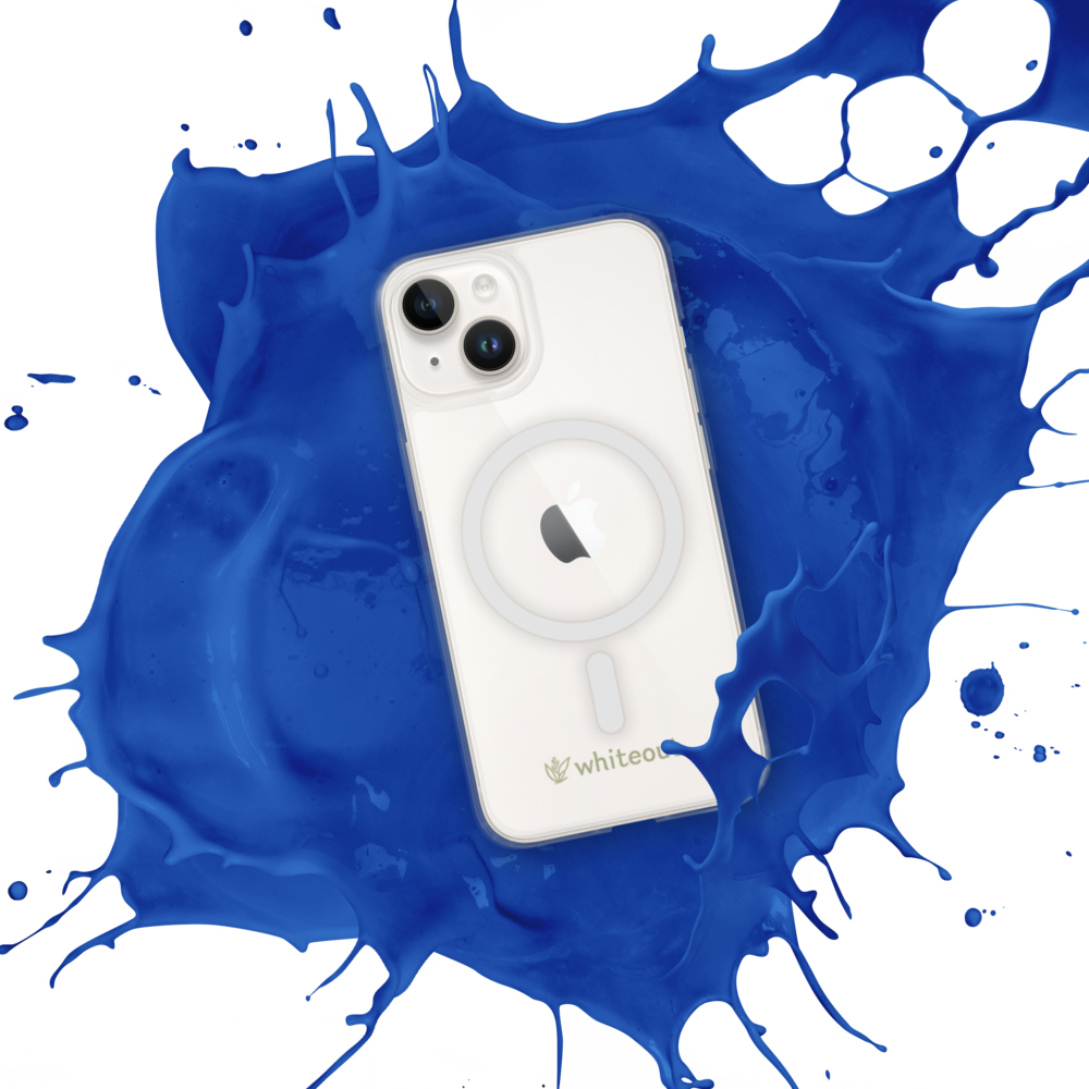 Phone case with Apple logo on a blue and white splatter background