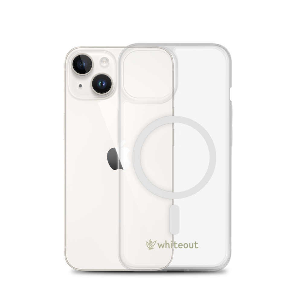 Clear phone case with MagSafe ring on an iPhone, branded 'whitout'.