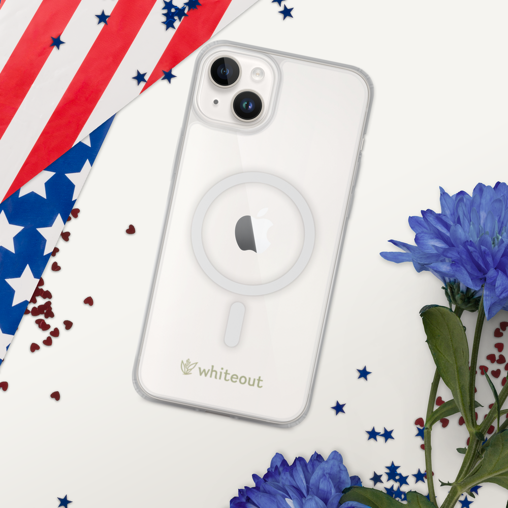 Clear phone case with Apple logo on a white background with American flag and flowers
