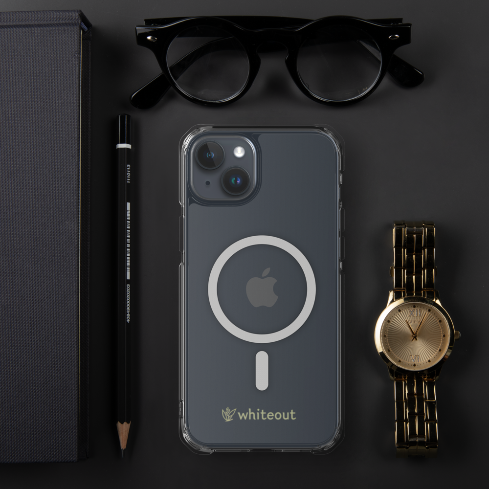 Phone case with Apple logo, glasses, pencil, notebook, and watch on a dark surface