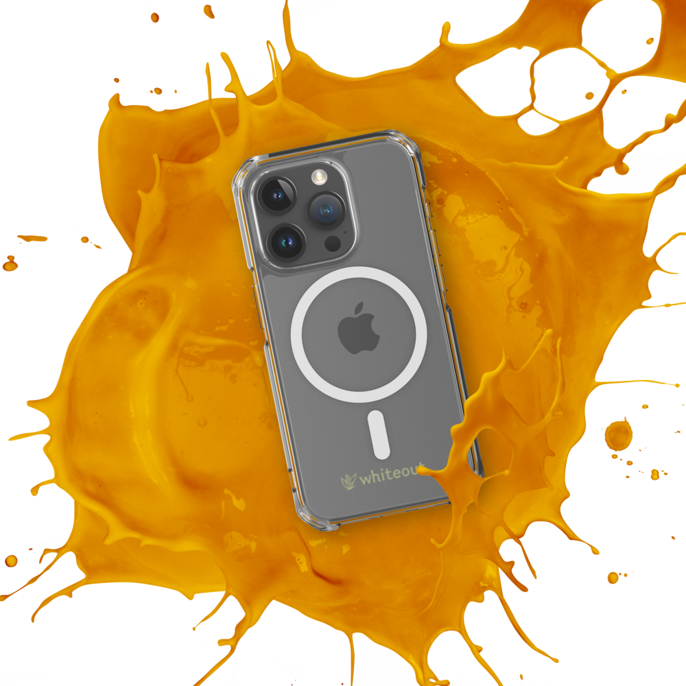 Smartphone with a clear case featuring Apple's MagSafe design on an orange splash background.