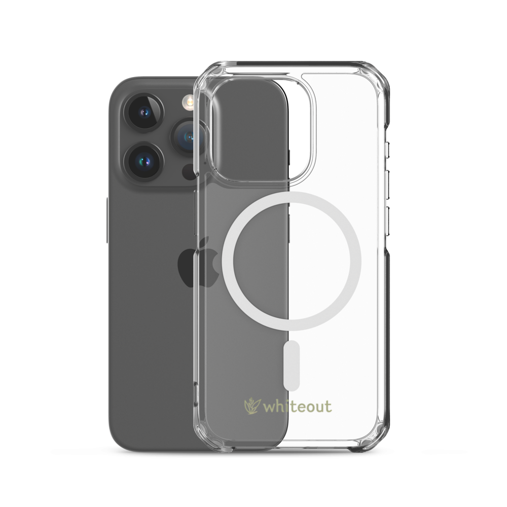 Clear phone case with a white circle design on an iPhone, featuring the 'whiteout' brand.