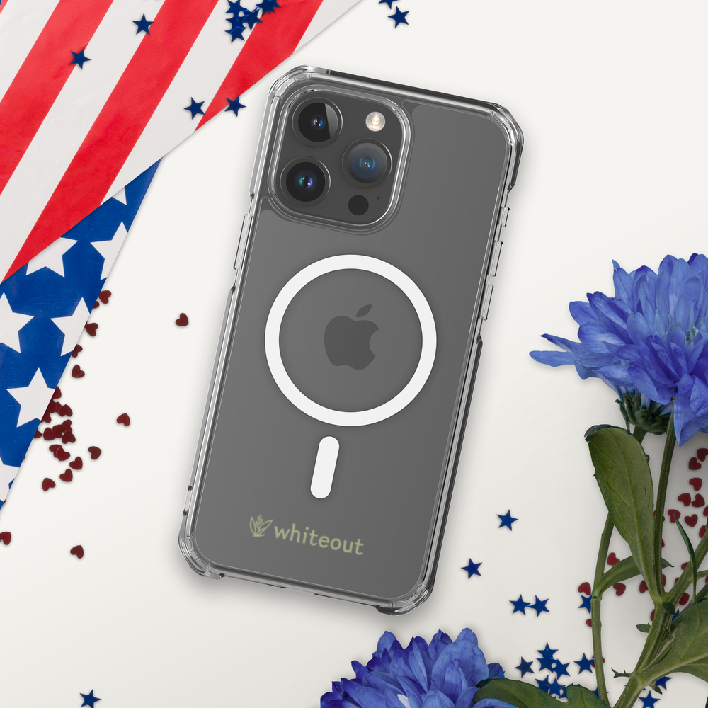Phone case with Apple logo on a white background with American flag and flowers