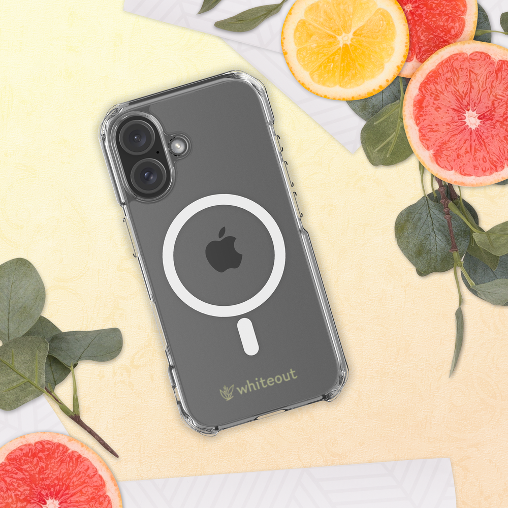 Phone case with Apple logo on a yellow background with fruits and leaves
